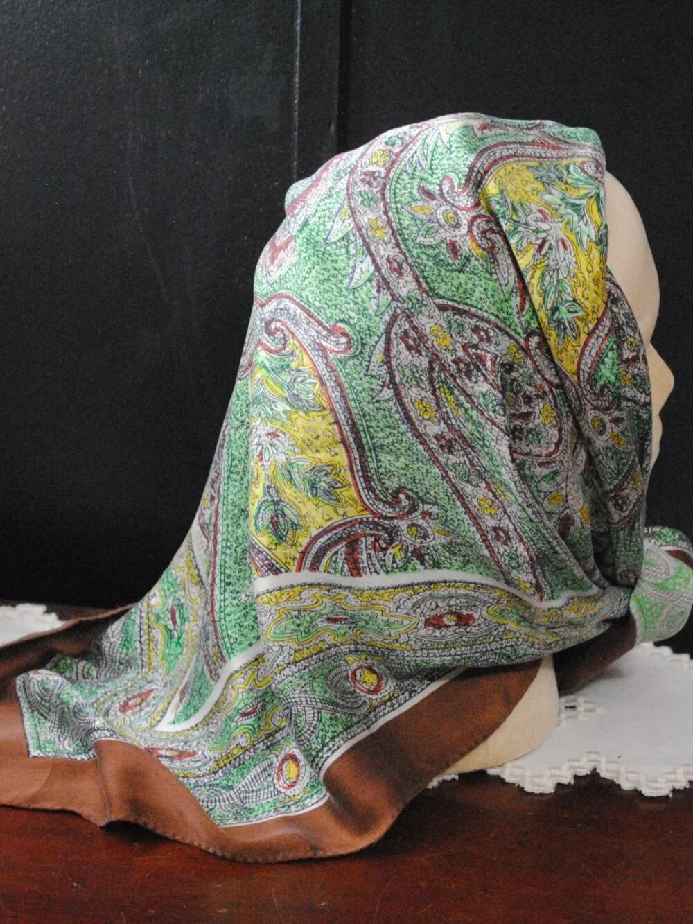 Large Vintage Brown, Yellow, & Green Floral Paisley Scarf